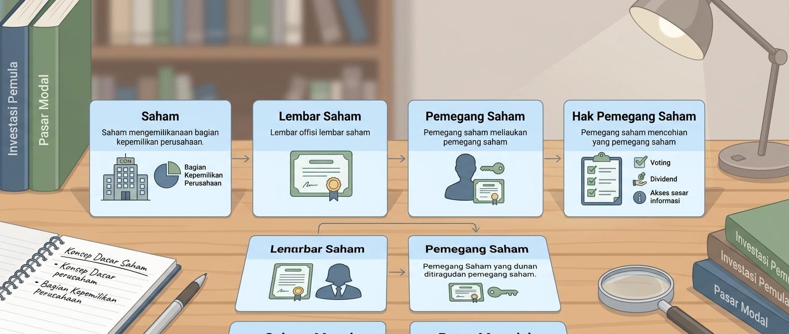 Ilustrasi konsep kepemilikan saham dengan kartu definisi dan ikon perusahaan di atas meja belajar.