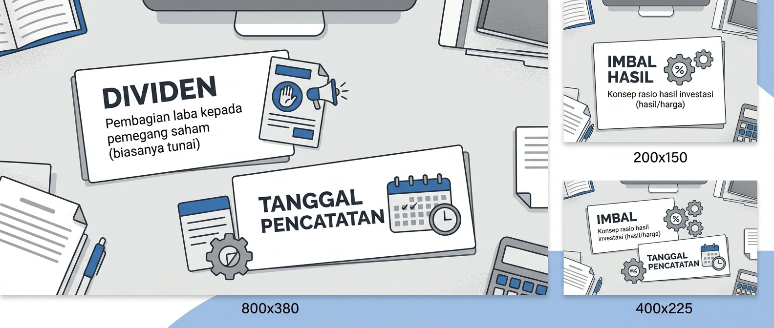 Ilustrasi catatan istilah dividen, yield, dan imbal hasil di atas meja belajar.