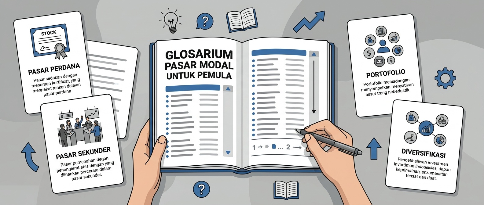 Buku glosarium terbuka berisi daftar istilah dasar pasar modal untuk pemula di atas meja belajar.