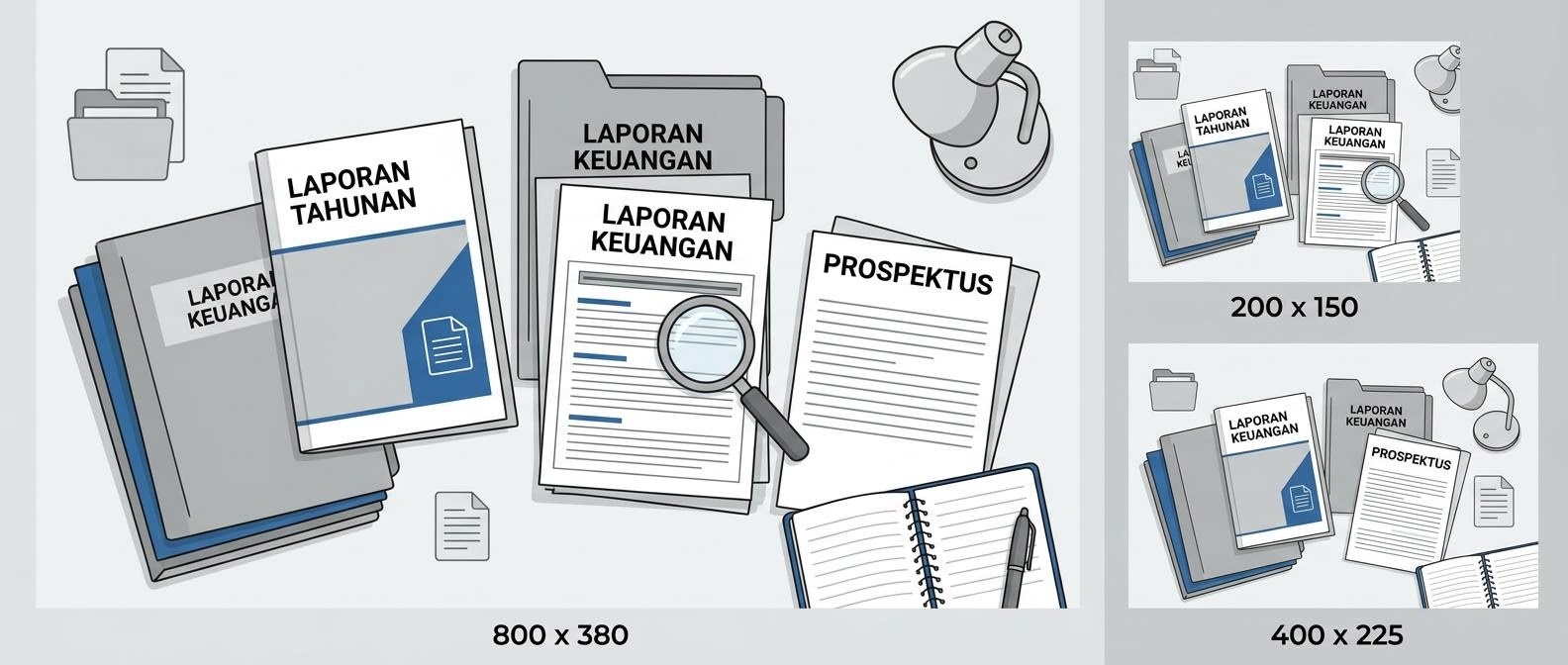Ilustrasi dokumen laporan dan prospektus emiten yang tersusun rapi.