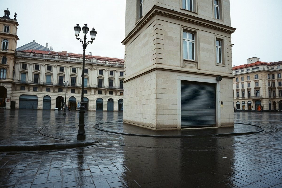 Angolo di un palazzo di pietra a Milano nella luce fredda del mattino, con la piazza bagnata e deserta e i binari del tram.