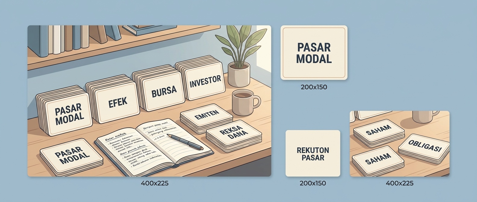 Ilustrasi rak referensi dengan kartu istilah inti pasar modal yang tertata.