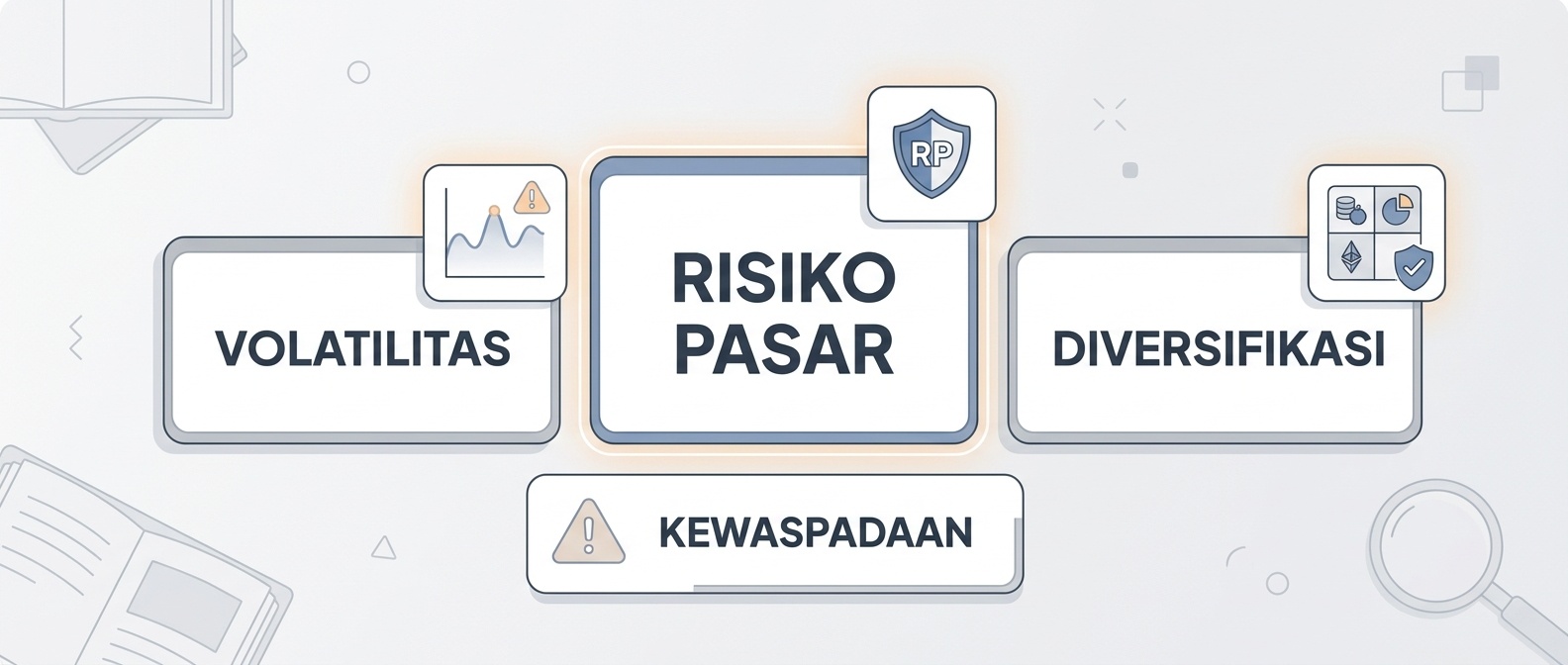 Ilustrasi kartu kosakata risiko investasi dengan ikon perisai dan tanda perhatian.