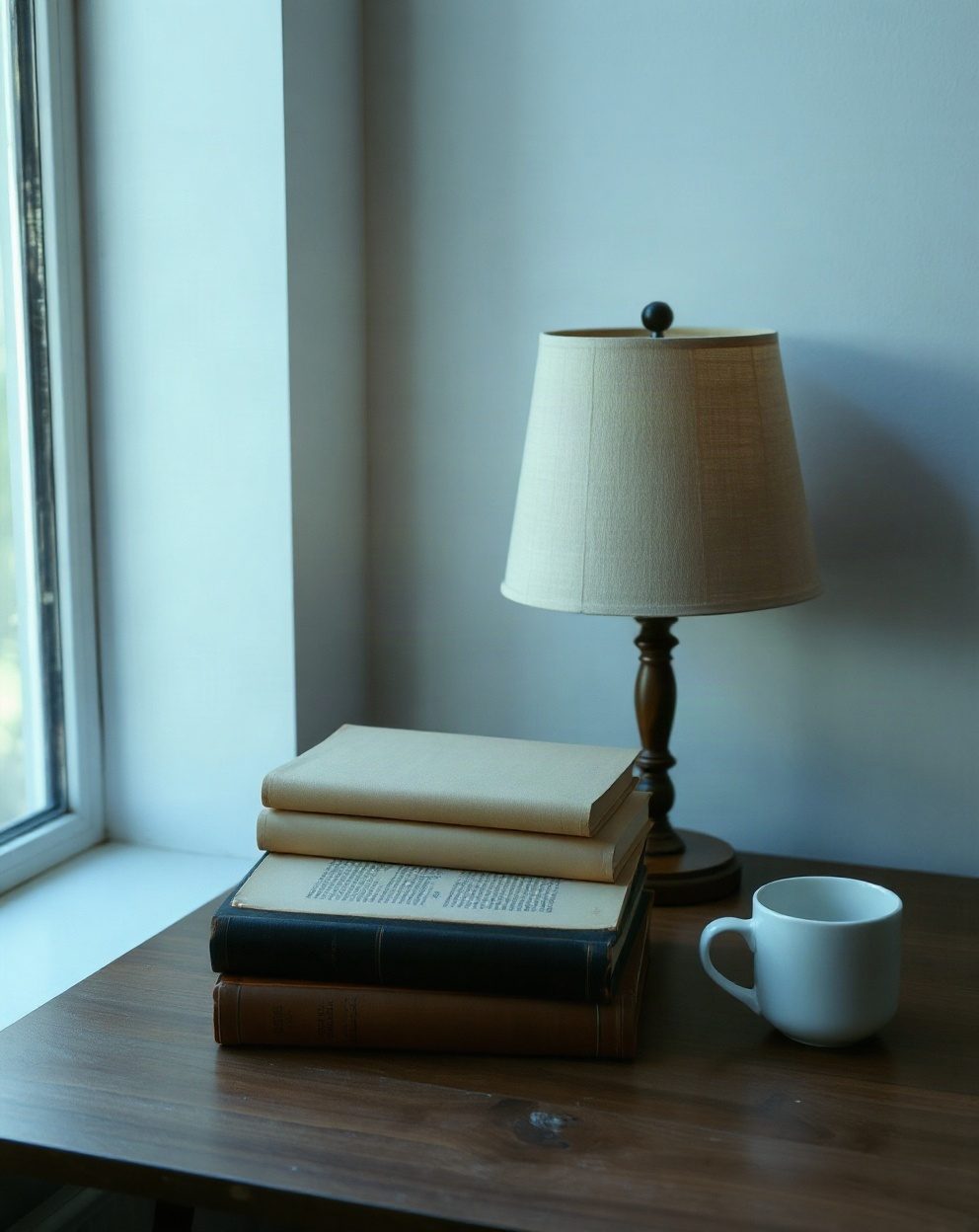 Scrivania con lampada e pila di libri chiusi accanto a una tazza, luce di fine pomeriggio; nessuna copertina leggibile.